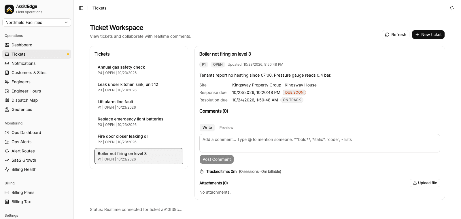 AssistEdge ticket workspace: open tickets by priority, with the selected ticket's site, response and resolution targets